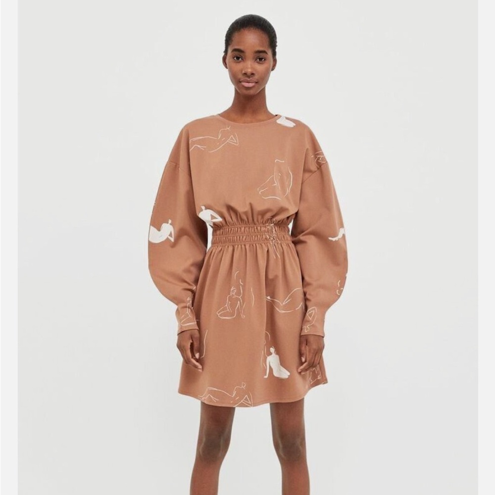 Zara Balloon Sleeve Dress Pullover in Abstract Women Clay print US size S